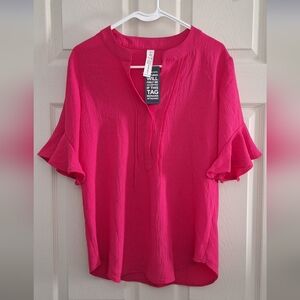 BMJL Hot Pink Womens Popover Ruffle  Short Sleeve Blouse Top Size Medium